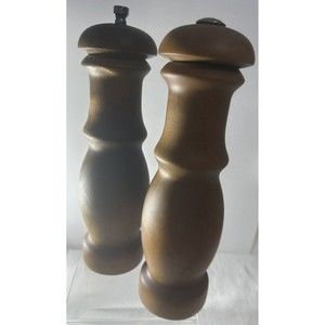 Vintage Wooden Pepper Mill and Salt Shaker Solid Wood 9” Tall